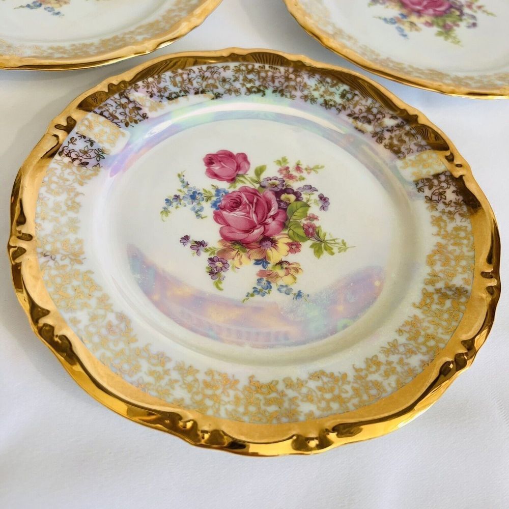3 Antique Bavaria Heavily Gold Gild Luster Dessert Plates Pink Roses Flowers - Picture 3 of 9